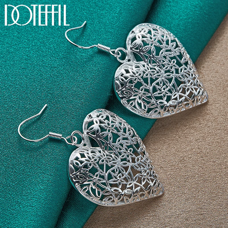 DOTEFFIL 925 Sterling Silver Hollow Heart Flower Earrings For Women Best Gift Wedding Engagement Jewelry