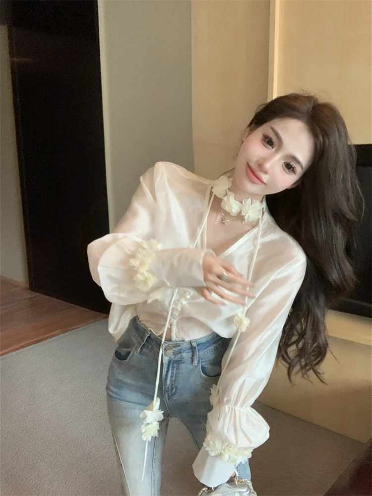 Elegant Shirts Women Flowers Patchwork Bandage V Neck Flare Long Sleeve Loose Solid French Style Blouse Female Chic Tops