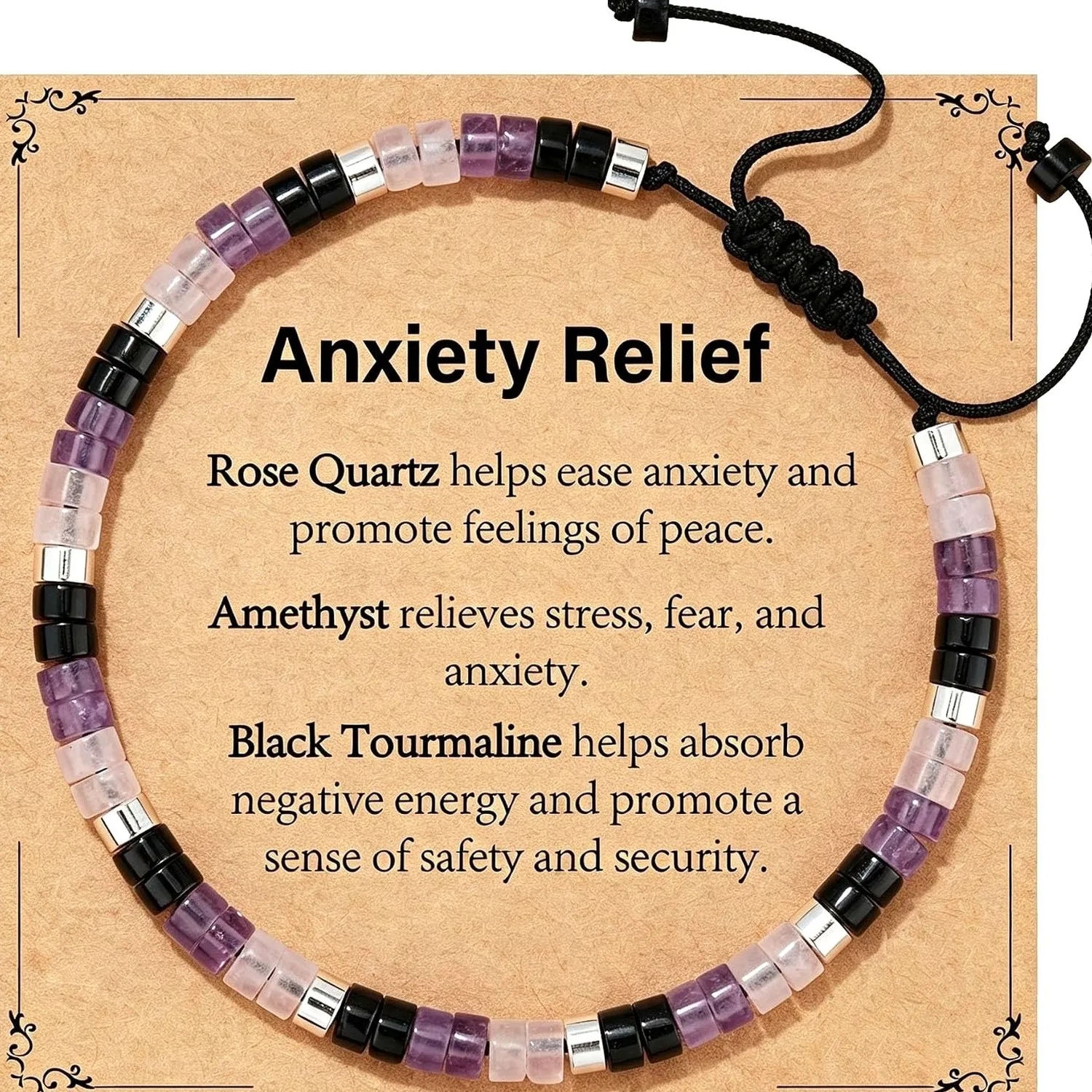 Handmade Pink Crystal Amethyst Black Tourmaline Woven Bracelet Anxiety Relief Energy Crystal Adjustable Drawstring