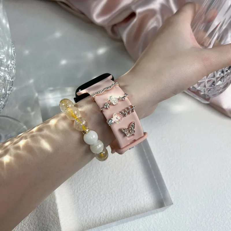 Watch Band Charms Decorative Metal Ornaments, Butterfly Flower Rhinestone Watch Strap Accessories Decor for Silicone Bands