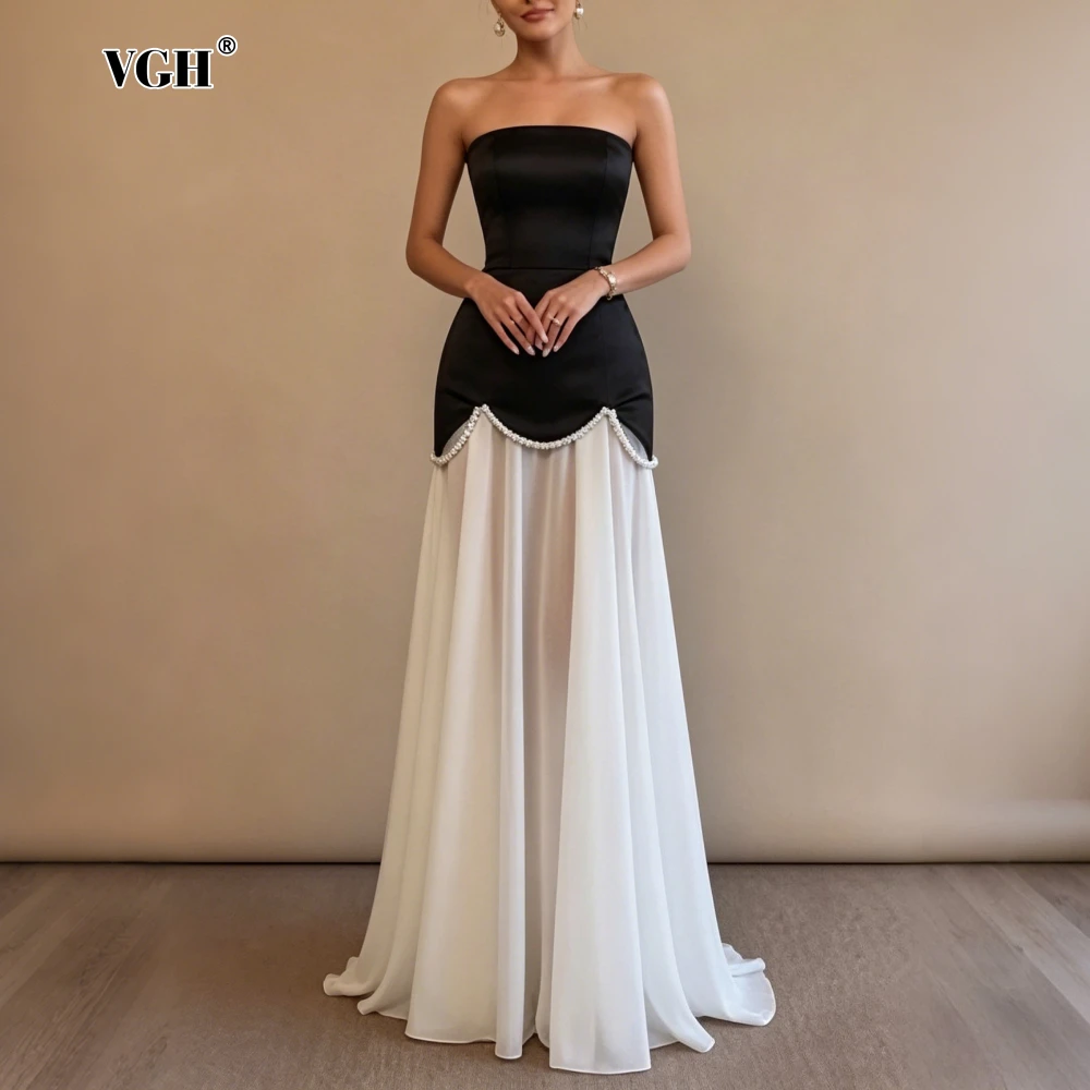 VGH Chic Vestido de noche rojo sin tirantes con adornos de perlas para mujer, sin mangas, tela satinada, falda de sirena transparente para eventos formales