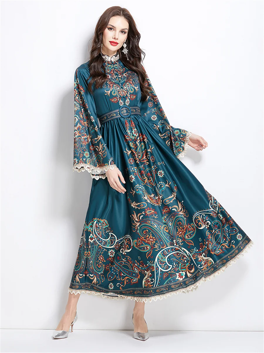 여름 휴가 화려한 꽃 긴 맥시 드레스 여성 스탠드 칼라 플레어 슬리브 벨트 캐주얼 a 라인 롱 드레스