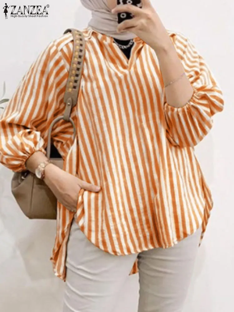 ZANZEA Fashion Turkey Muslim Blouse Woman Puff Sleeve Stand Collar Blusas Casual Holiday Islamic Clothing Elegant Striped Shirt