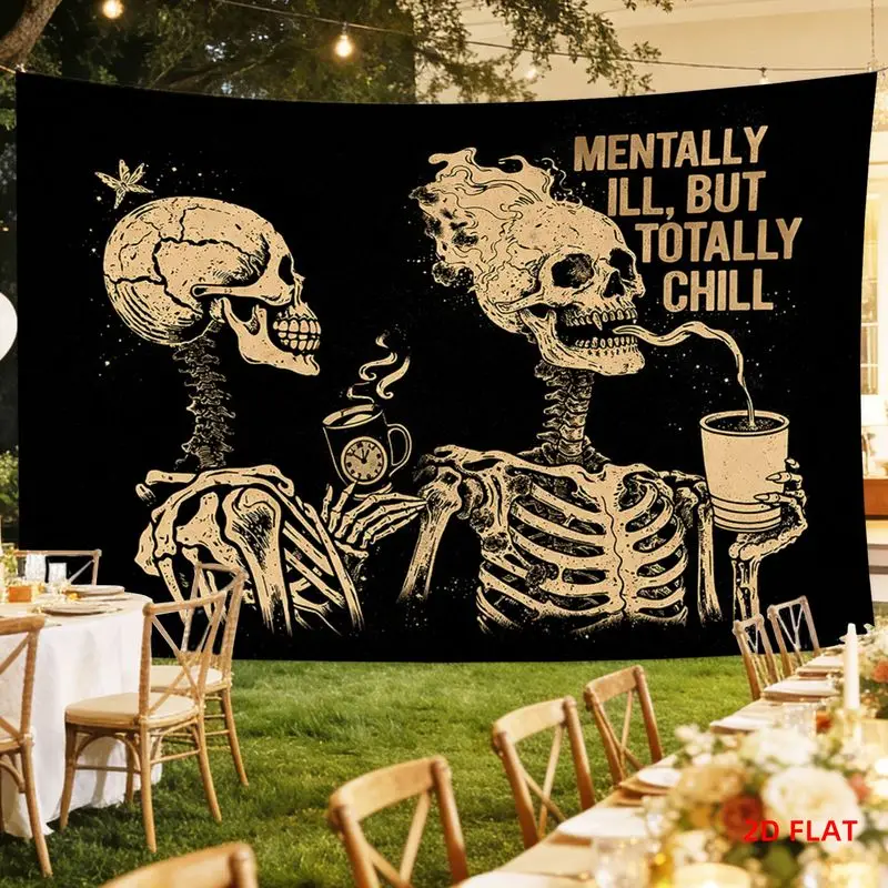 VIKAMA Wall Tapestry Dark Style Skeleton Coffee Tapestry Vintage Vintage Vintage Vintage Mentally But Completely Chill Room