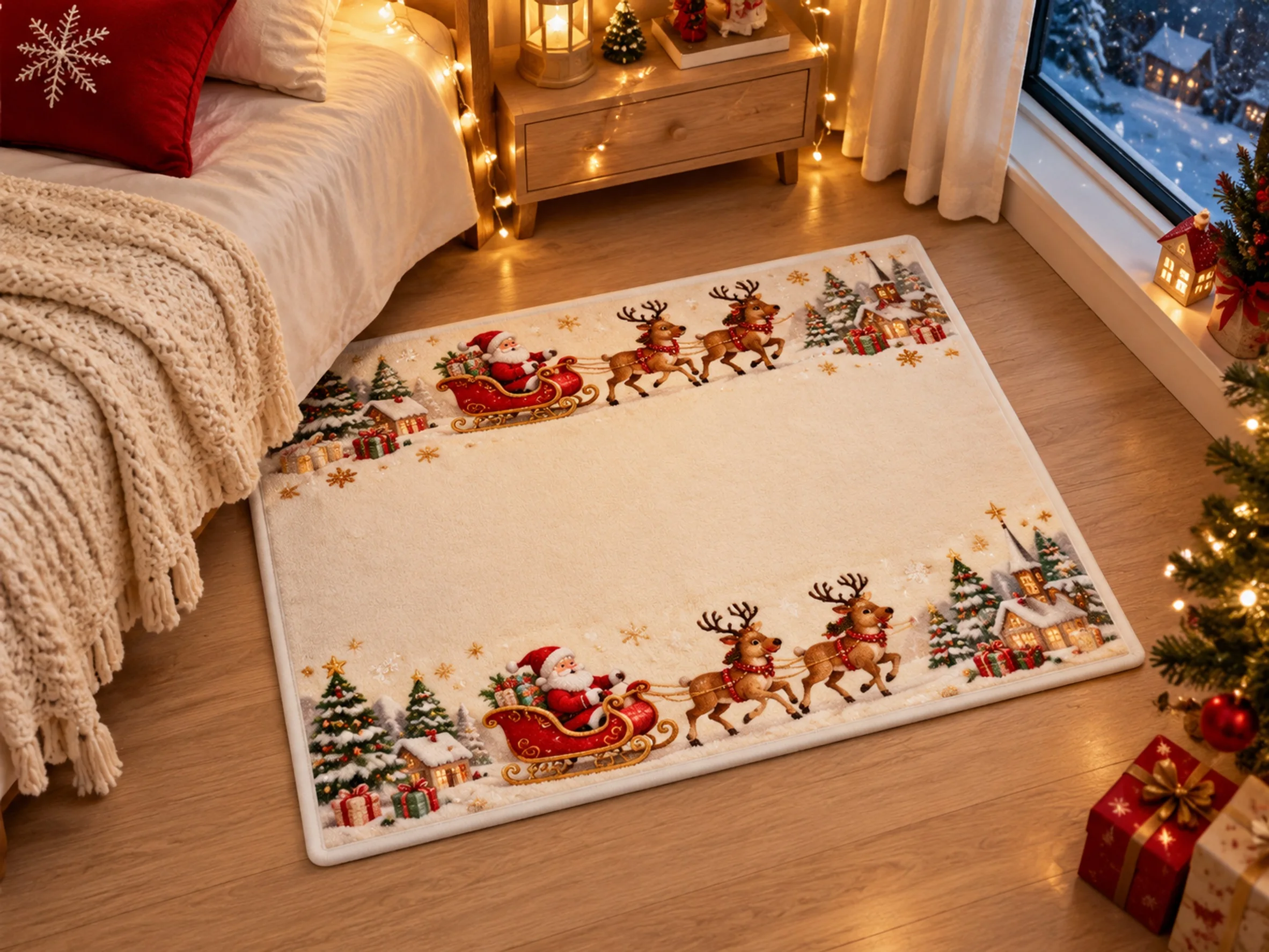 VIKAMA Christmas Cream Red Sleigh Flannel Door Mat, Memory Foam Anti-Slip Mat, Xmas Decor for Living Room, Kitchen, Bathroom