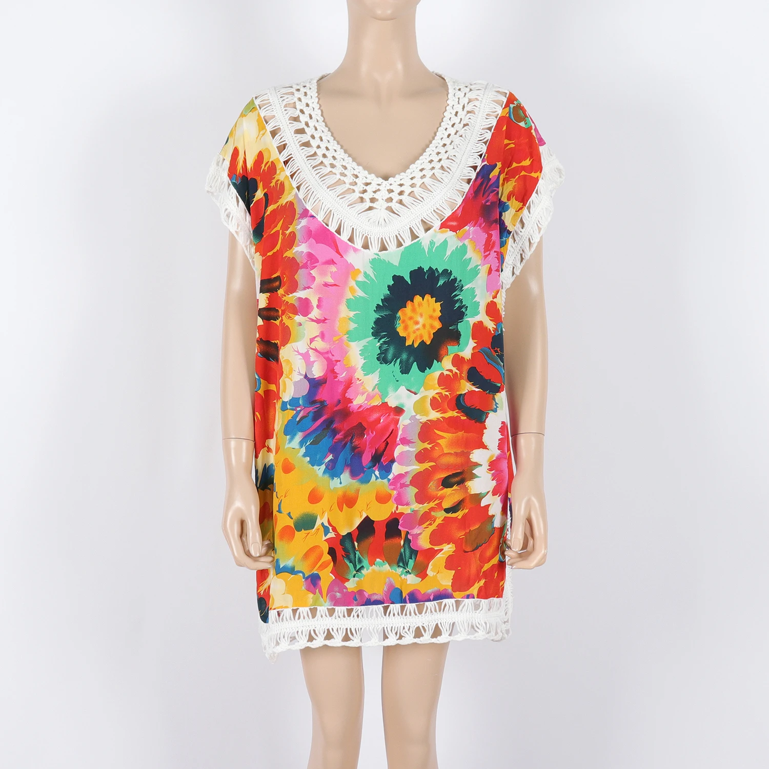 

Tie Dye Big Flowers Printed Women's Summer Beach Cover-up Dress Short Hand Crochet Fringed Beachwear Sundress