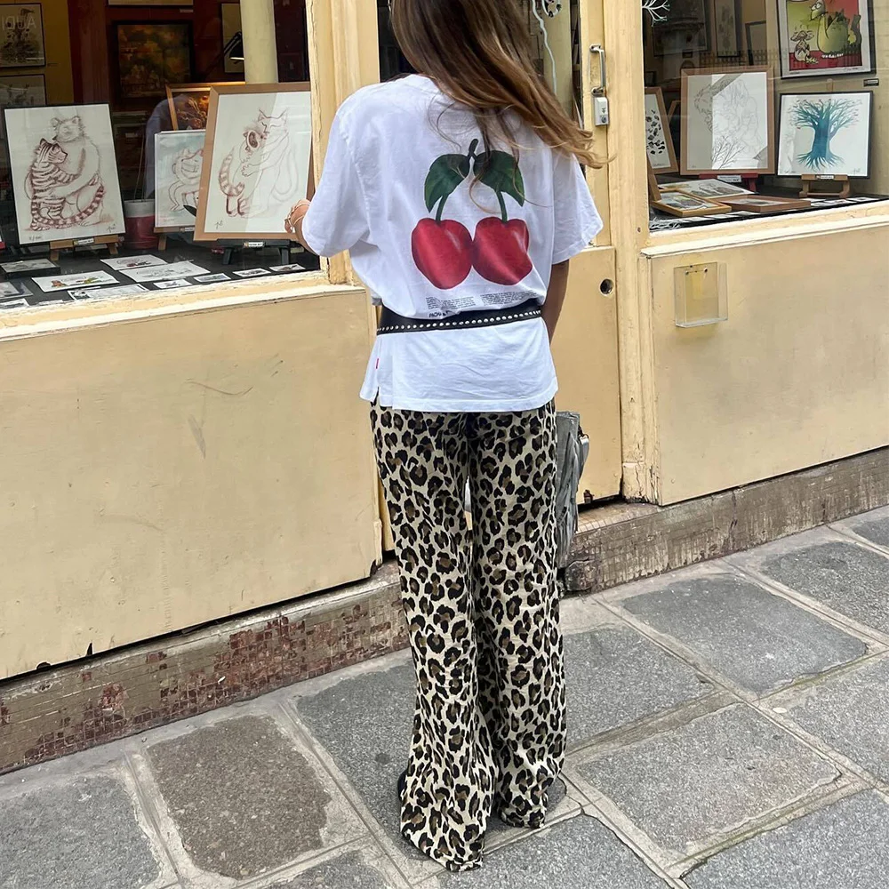 Pantaloni lunghi stampati leopardati Vintage da donna con cerniera a molla femminile pantaloni svasati Casual a vita alta pantaloni larghi moda