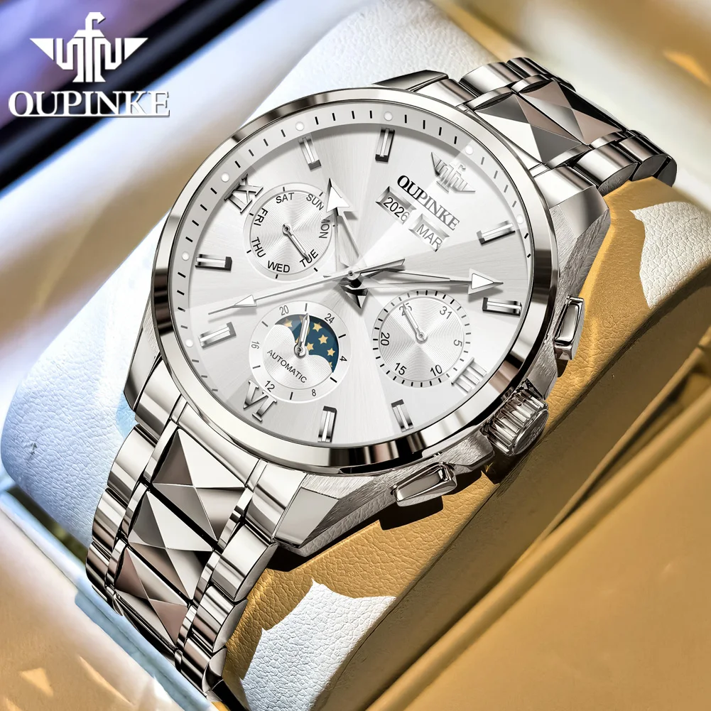 OUPINKE Luxe heren automatisch mechanisch polshorloge Zakelijk Waterdicht Maanfase Datum Week Reloj Mecánico Hombre 시계 남성용 3325