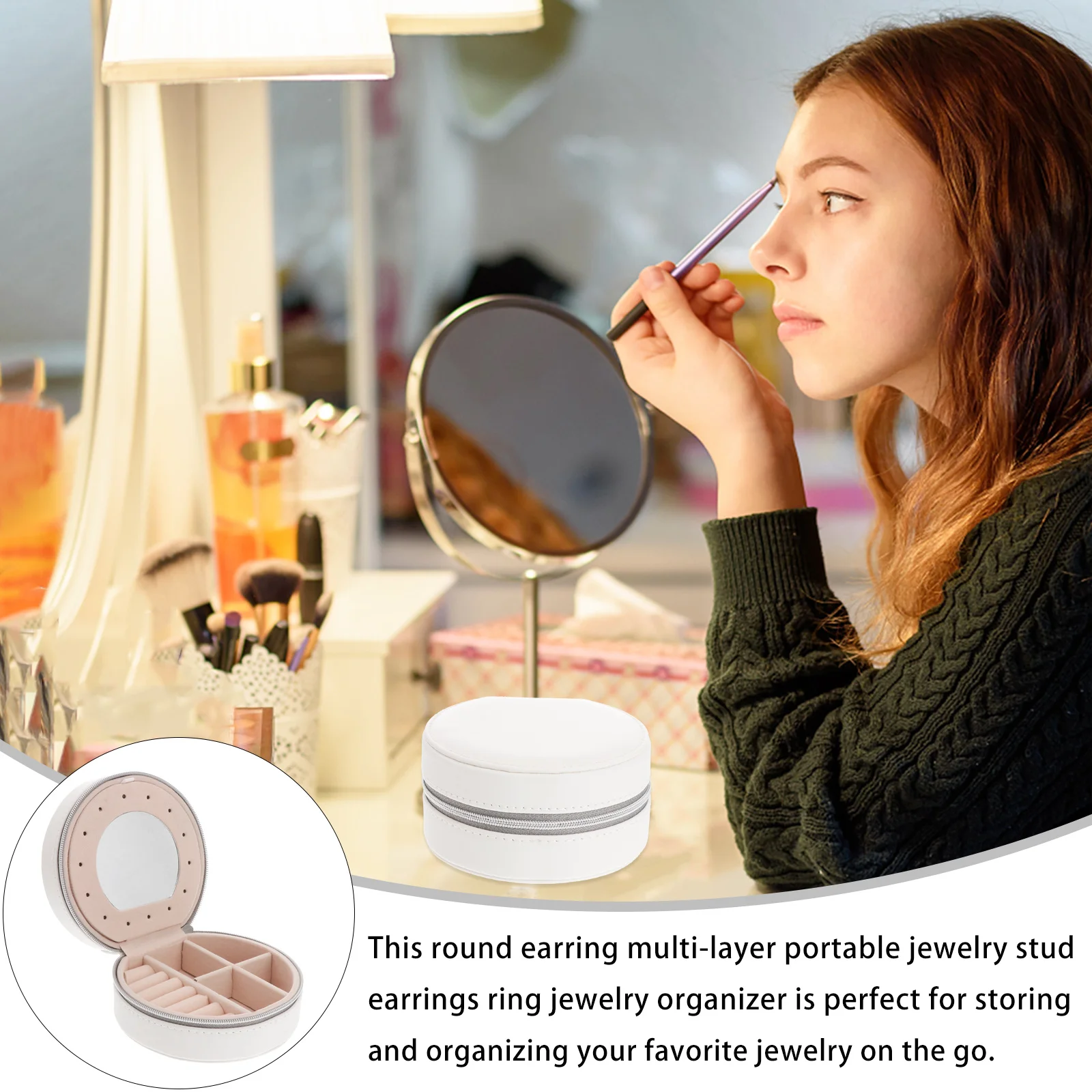 Multi-Layer PU Jewelry Organizer Round Portable Travel Case Small Compact Jewelry Storage Box Earrings Necklace Box