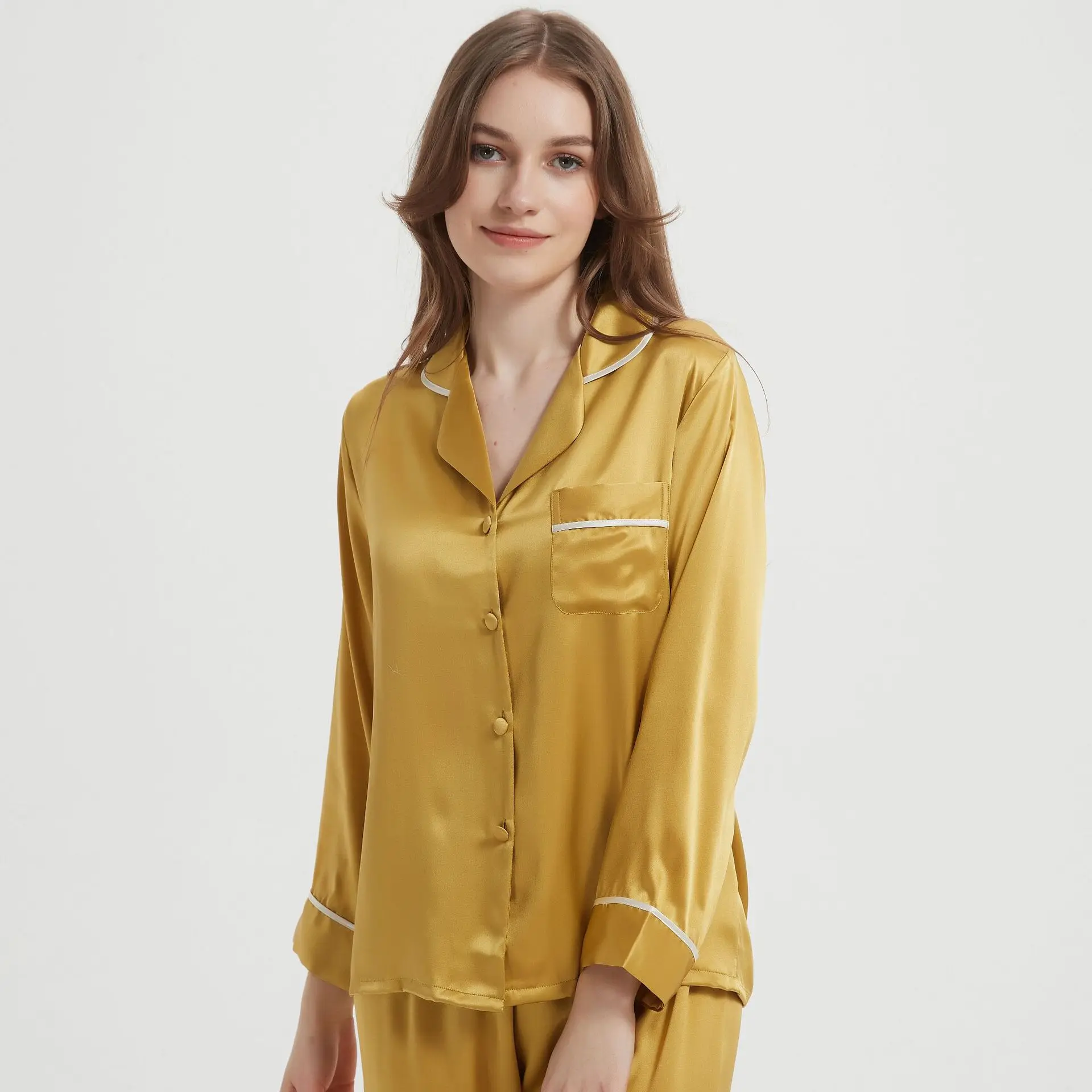 

Factory Direct 100% Mulberry Silk Pajama Set Women's 2-Piece Long Sleeve Trousers Pajamas Loungewear Spring Autumn Sleepwear PJS