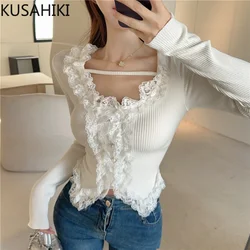 KUSAHIKI Chic Sweet Spicy Girl Knitwear 2024 Spring New Fashion Base Y2k Tops Korean Hit Color Lace Patchwork Knitted Sweaters