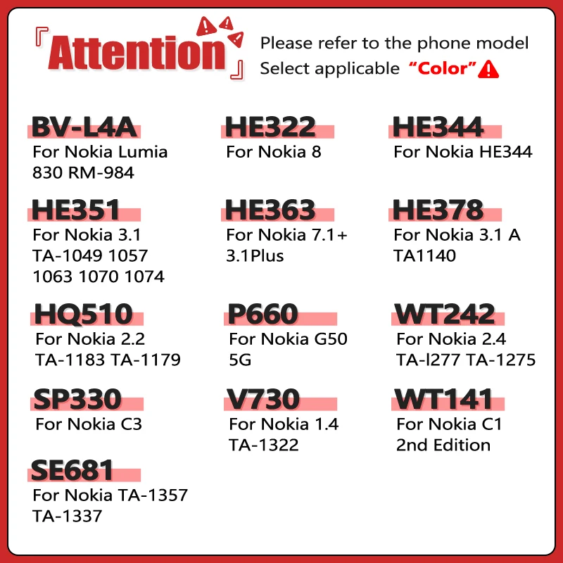 BV-L4A HE322 HE344 HE351 HE363 HE378 Battery For Nokia Lumia 1.4 C1 2.4 5Dual 2.2 C3 3.1 5.1 5 7.1 8 G50 830 HE344 Plus TA-1357