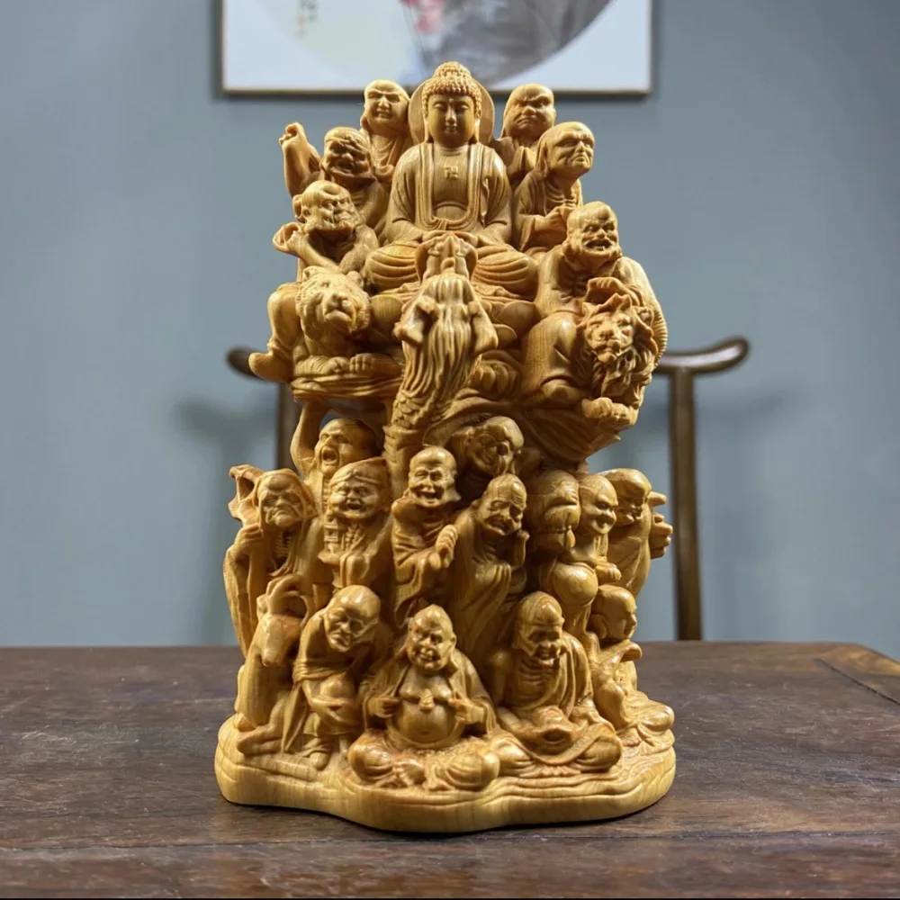 Solid Wood Eighteen Arhats & Tathagata Guanyin Statue, Oriental Art Sculpture For Car Interior Home Decoration Collectible