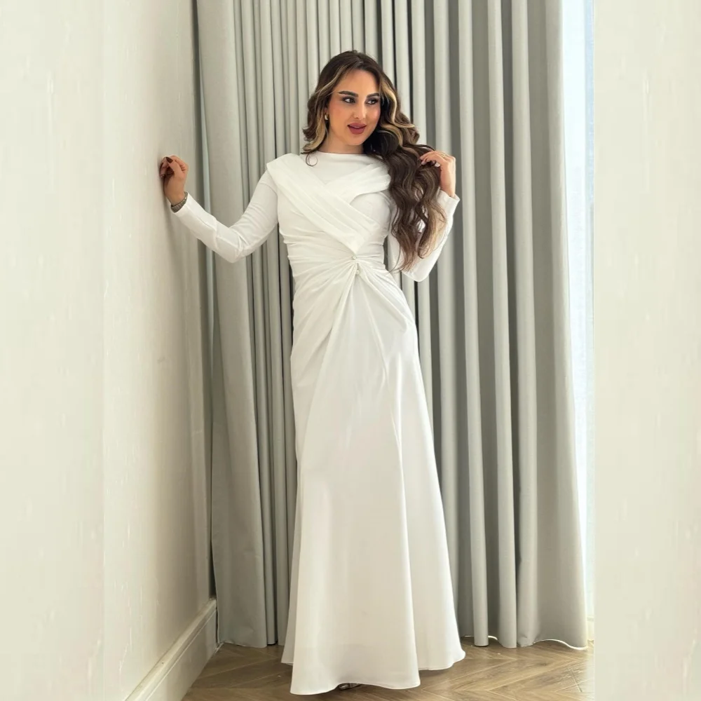 

Jiayigong Jersey Draped Pleat Cocktail Party A-line O-Neck Bespoke Occasion Gown Long Sleeve Dresses Saudi Arabia