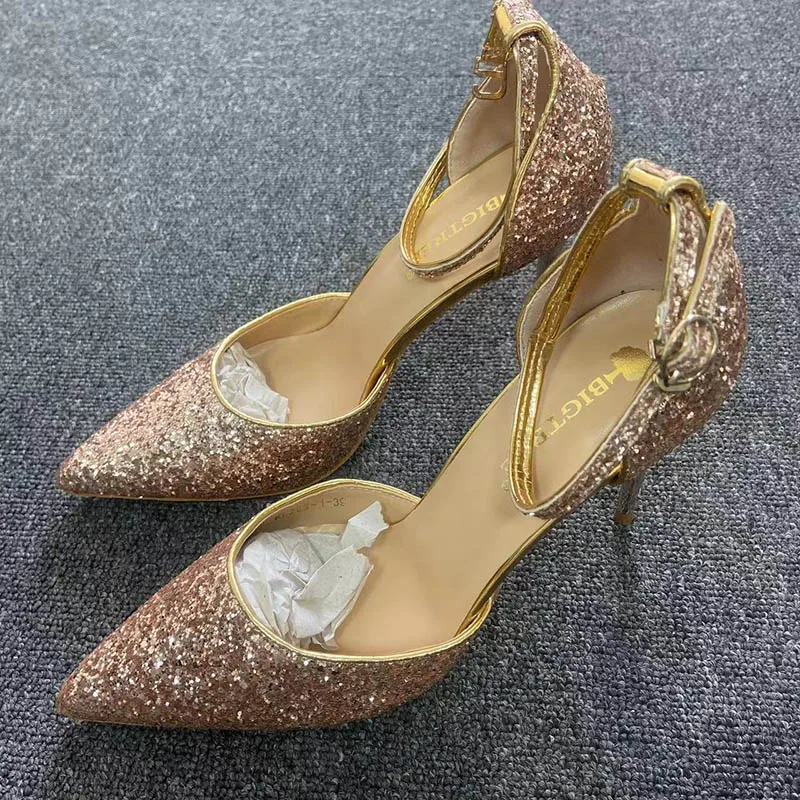 Summer Women 7.5cm 9.5cm High Heels Bling Sandals Lady Wedding Bridal Low Heels Gold Silver Sandle Sparkly Party Nightclub Shoes