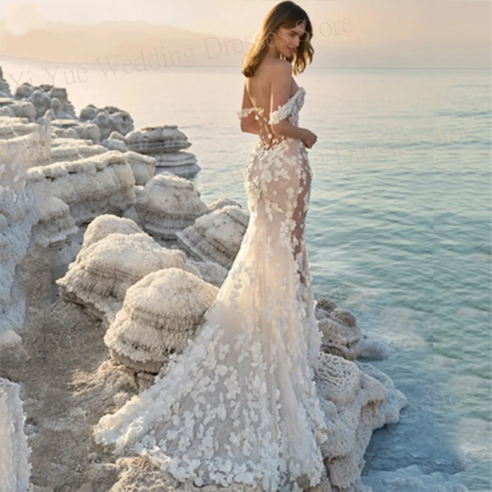 Sexy Exquisite Sweetheart  Mermaid Wedding Dresses Lace Appliques Backless Off The Shoulder Bride Gowns New 3D Flowers Illusion