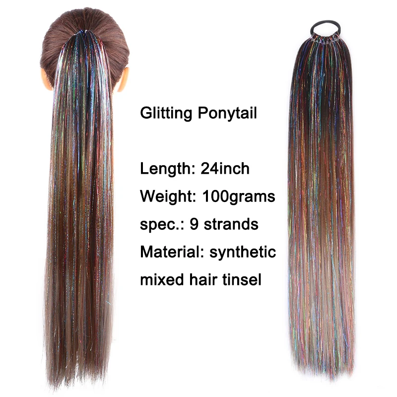 Synthetic Straight Ponytail With Hair Rubber Colorful Pre stretched Braiding Hair Glitter Ponytail Mixed Tinsel 24inch 9 Strands