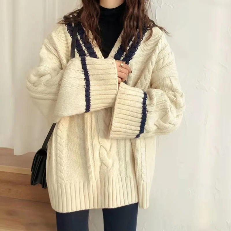 Zoki Oversize Sweet Women Sweaters Long Sleeve V Neck Vintage Lazy Wind Knitted Pullovers Korean Patchwork Casual Loose Jumper