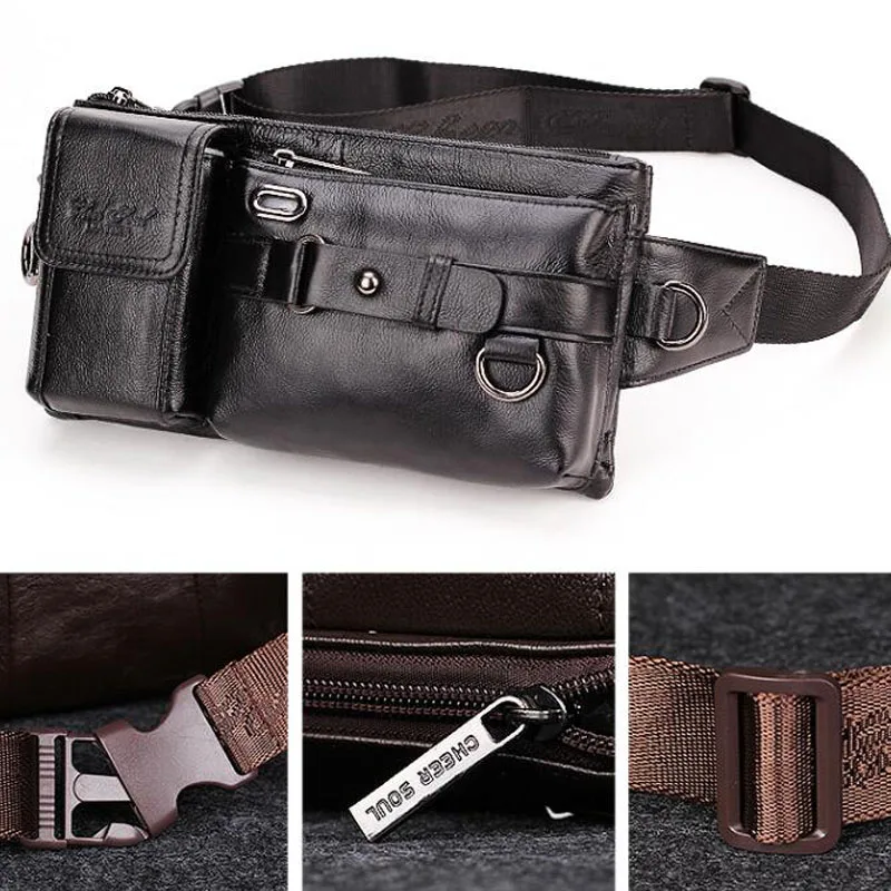 Quality Men Waist Chest Bags Pouch Shoulder Cross Body Bum Bags  Genuine Leather  Real Cowhide Male Hip Fanny Belt Pack