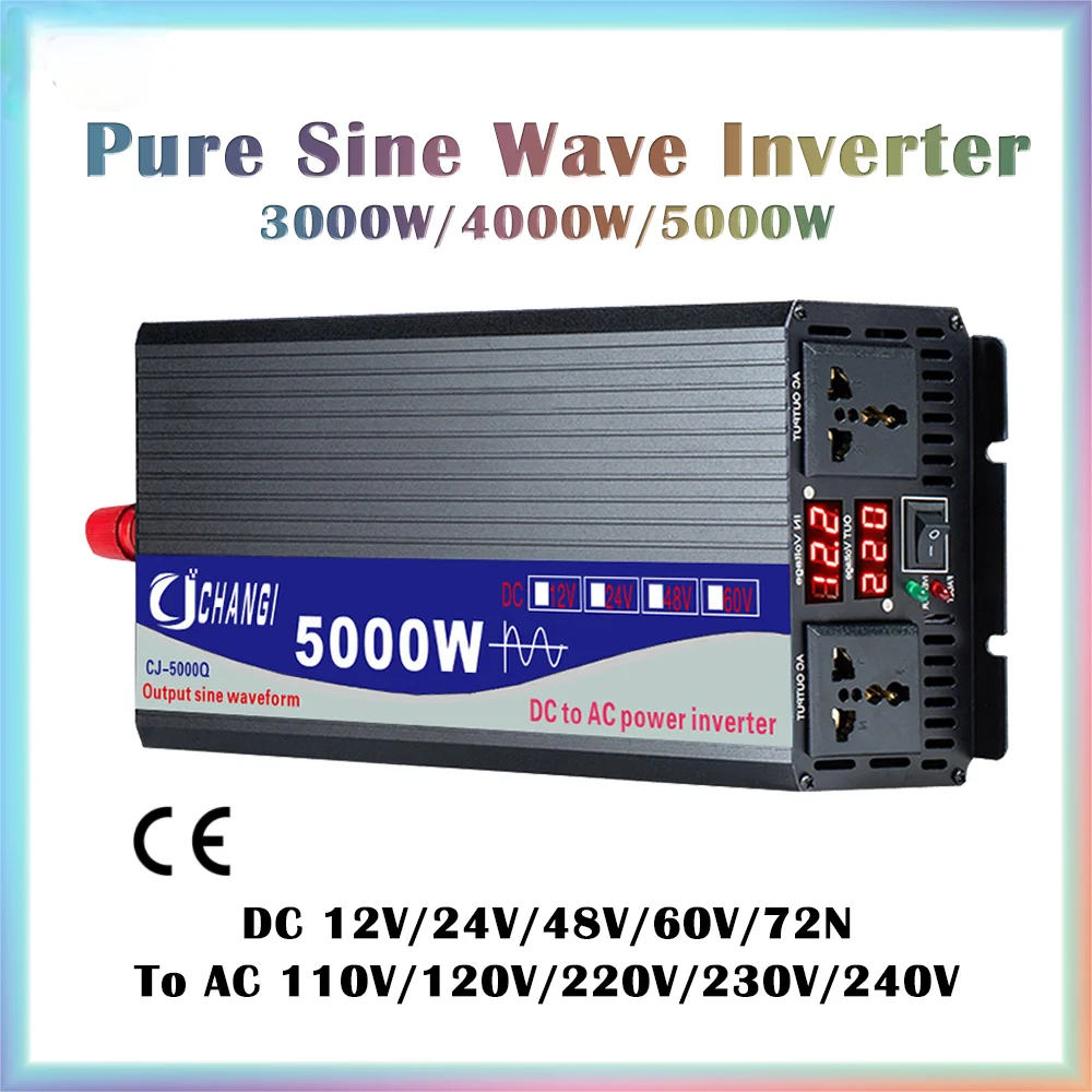 Pure Sine Wave Inverter DC 12V 24V 48V 60V 72V to AC 110V 220V 3000W 4000W 5000W Power Solar Car Inverters Doule Digital Display