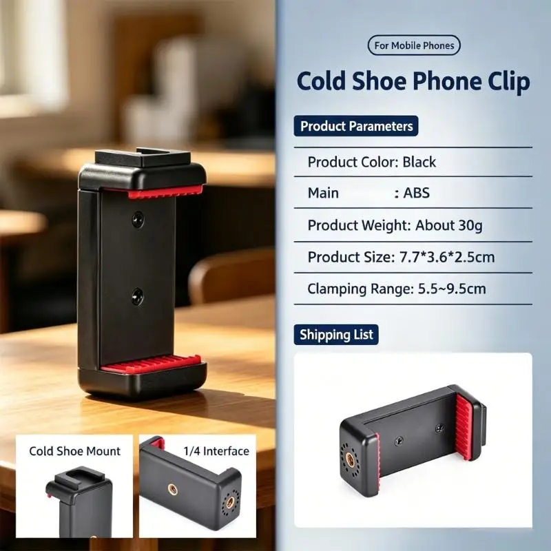 

Universal Phone Clamp Holder with Cold Shoe Adapters & 2 Screw Mounts Smartphone Grip ABS for Photography Accessories H8WD