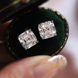 Huitan Crystal/Green Square Cubic Zirconia Stud Earrings for Women Simple and Elegant Ear Piercing Accessories Fashion Jewelry