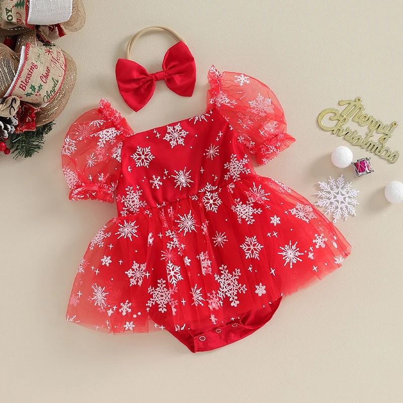 Newborn Infant Baby Girl Lace Christmas Romper Dress Short Sleeve Snowflake Print Tulle Mesh Skirt with Headband Xmas Clothes