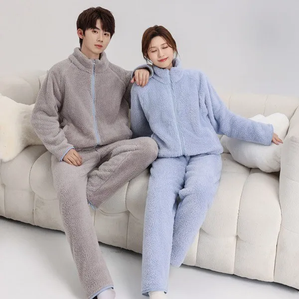 Autumn Winter Women Solid Velvet Warm 2 Piece Sets Thicken Flannel Suit Zipper And Pants Men Casual Pajama Sets New Women's Set