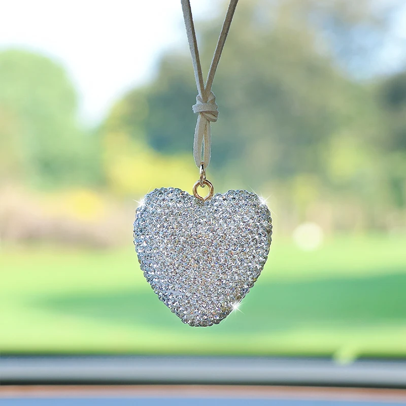 Full Diamond Color Block Heart Car Interior Rearview Mirror Car Hanging Ornament Creative Two-Tone Heart Car Decor