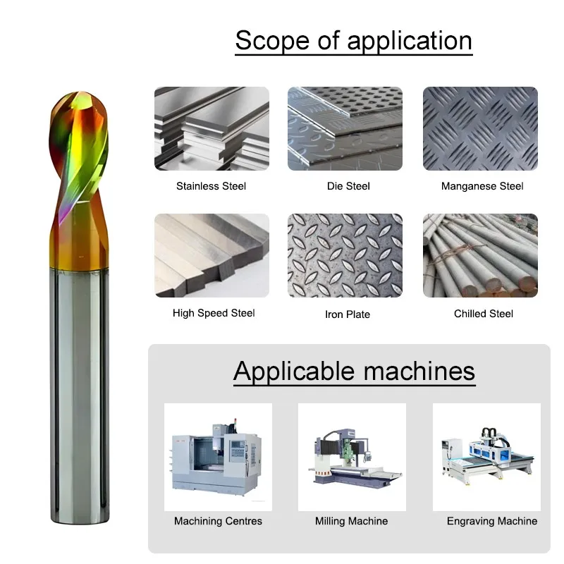 AZZKOR HRC80 Hochhärte-Schaftfräser 2-Schneiden Wolframstahl-Hartmetall Bunter Beschichtungs-Kugelkopffräser CNC-Bearbeitungswerkzeuge – Detail 4