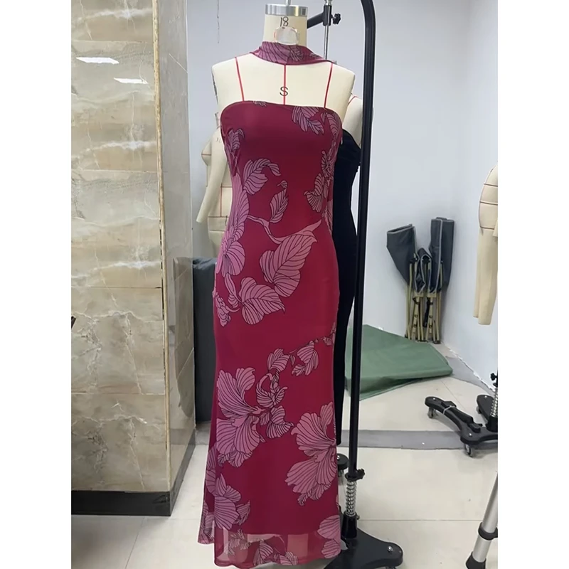 Combhasaki Vestido largo de tubo con estampado floral estético vintage Y2K para mujer, vestido veraniego sin tirantes con espalda descubierta y bufanda con gargantilla