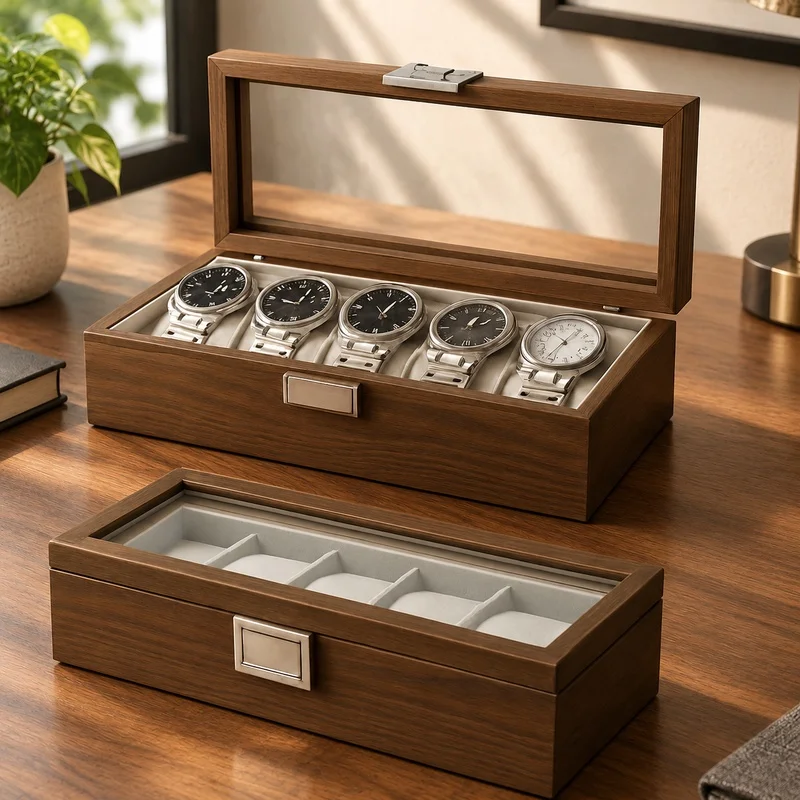 Black Walnut Wood Watch Organizer Box, Display Case for 6 Timepieces with Storage Compartments