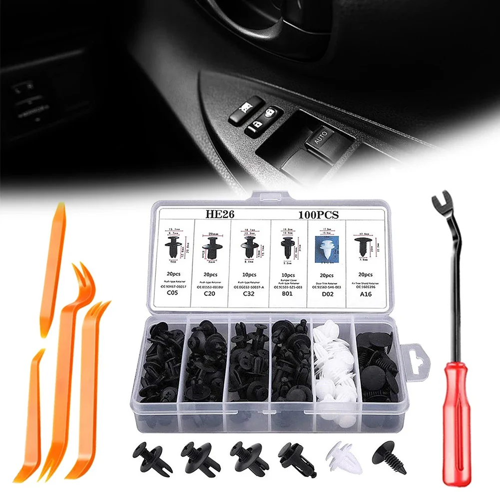 100pcs Car Door Panel Buckle Set with Storage Box Multi-Purpose Car Maintenance Tool for Car Vehicle