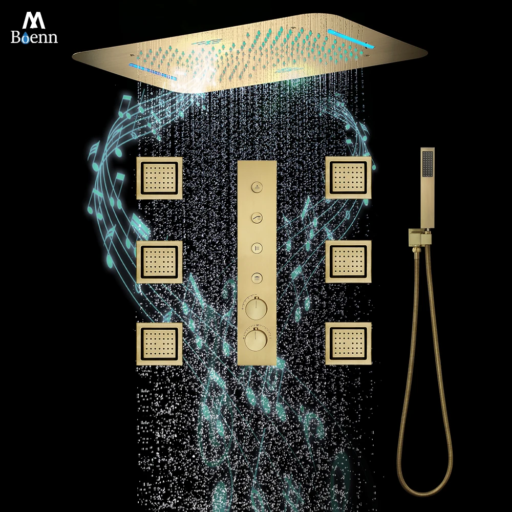 M Boenn Large Overhead Shower Sets Brushed Gold Bathroom Faucet Button Type Thermostatic Diverter Rain Spa Massage Shower Head