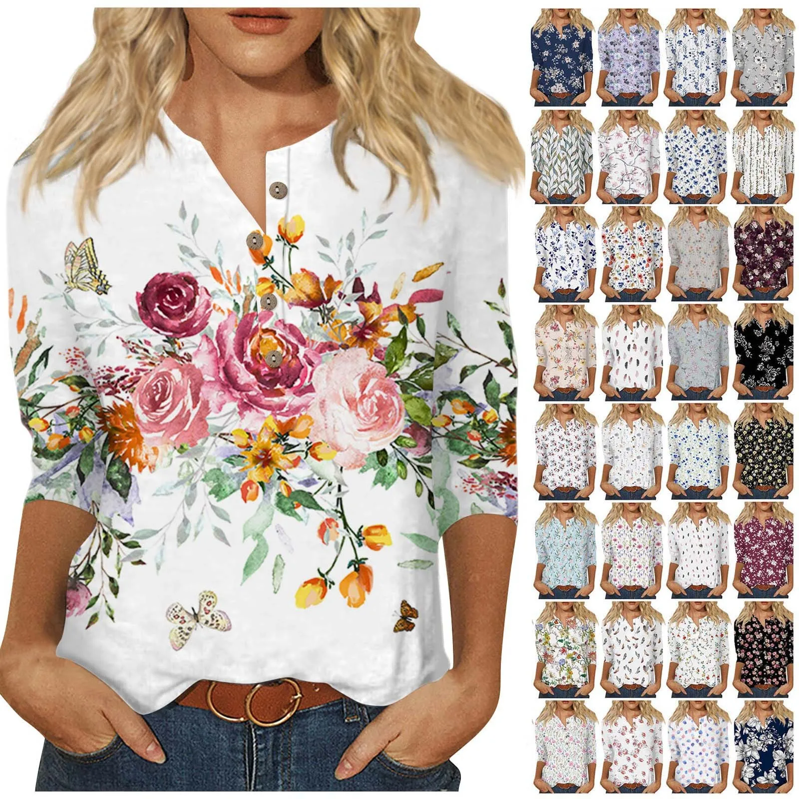 بلوزة نسائية أنيقة بطبعة زهور جميلة ، قمصان مقاس كبير للنساء ، قمم غير رسمية يومية ، كم أساسي ، قمم برقبة أزرار