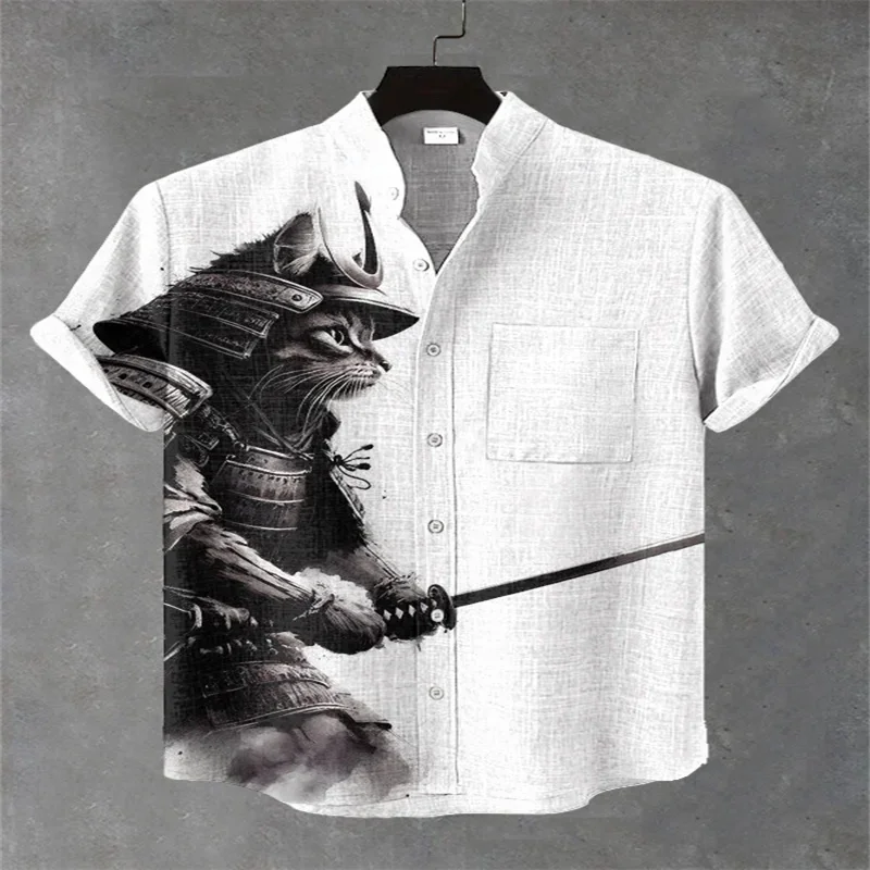 

Men's Summer Casual Short-Sleeve Shirt, Fashionable Street Style, 3D Printed Stand Collar Button-Down Cardigan