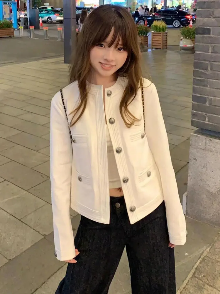 Chic Button Cropped Jacket Women Autumn Streetwear Long Sleeve Gentle White Coats Japanese Simple Loose Casual Short Outwear New