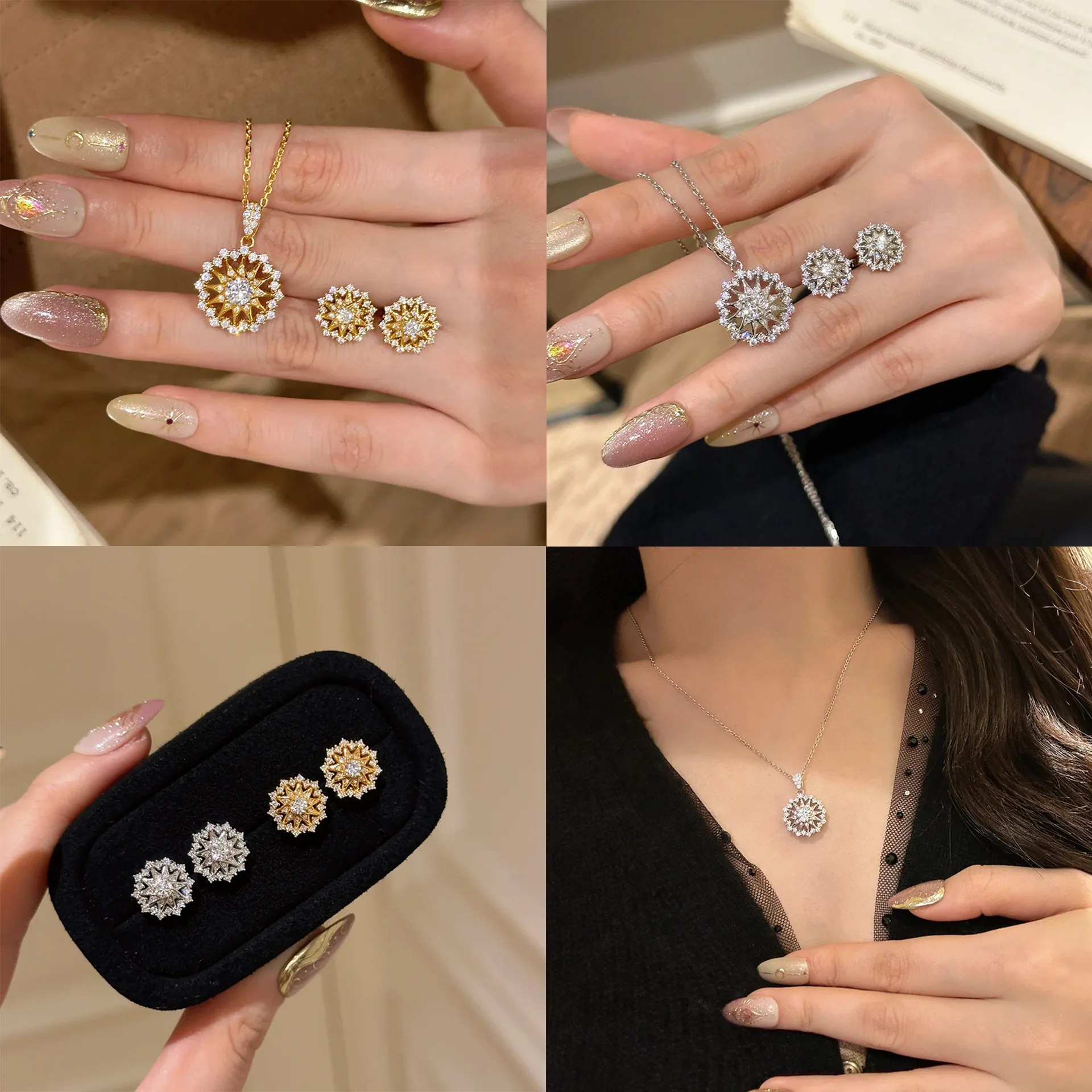 

Foydjew French Style Retro Jewelry with Zircon Sun Star Snowflake Compass Design Pendant Necklaces Stud Earrings Jewelry Sets