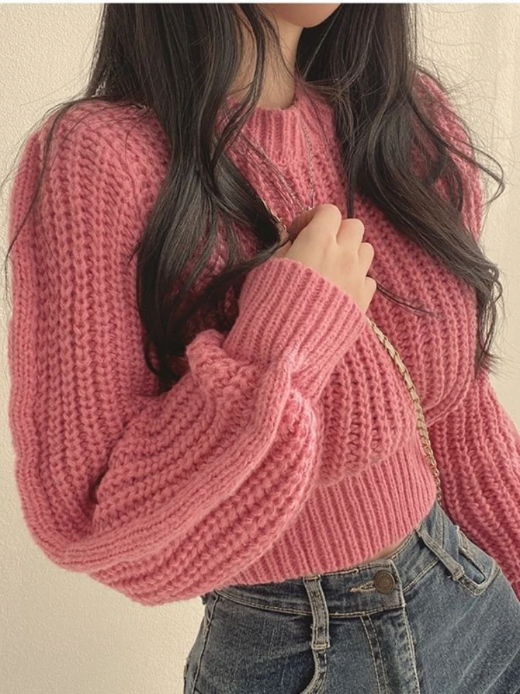 Korean Fashion Women's Sweater Autumn Solid Colour Loose  Jumper Simple Short Section Round Neck Knitted Pullover Streetwear