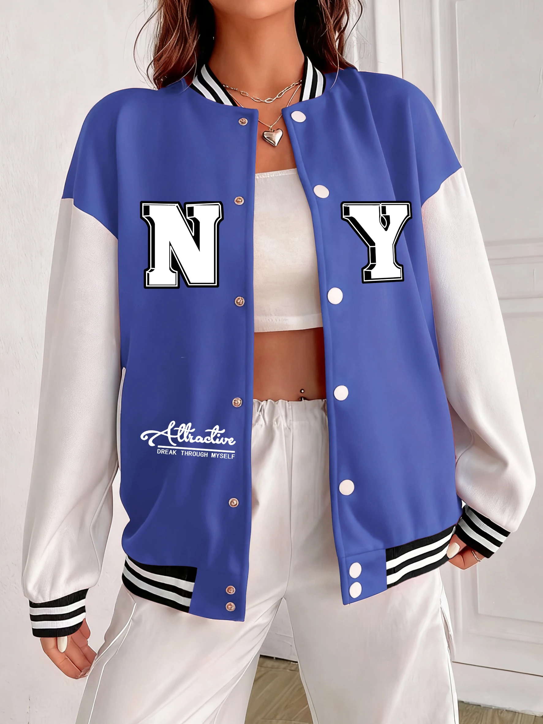 

Женская куртка с принтами Myself To New York, свободная бейсбольная форма в стиле хип-хоп, спортивная одежда на хлопковых пуговицах, осенняя красочная одежда