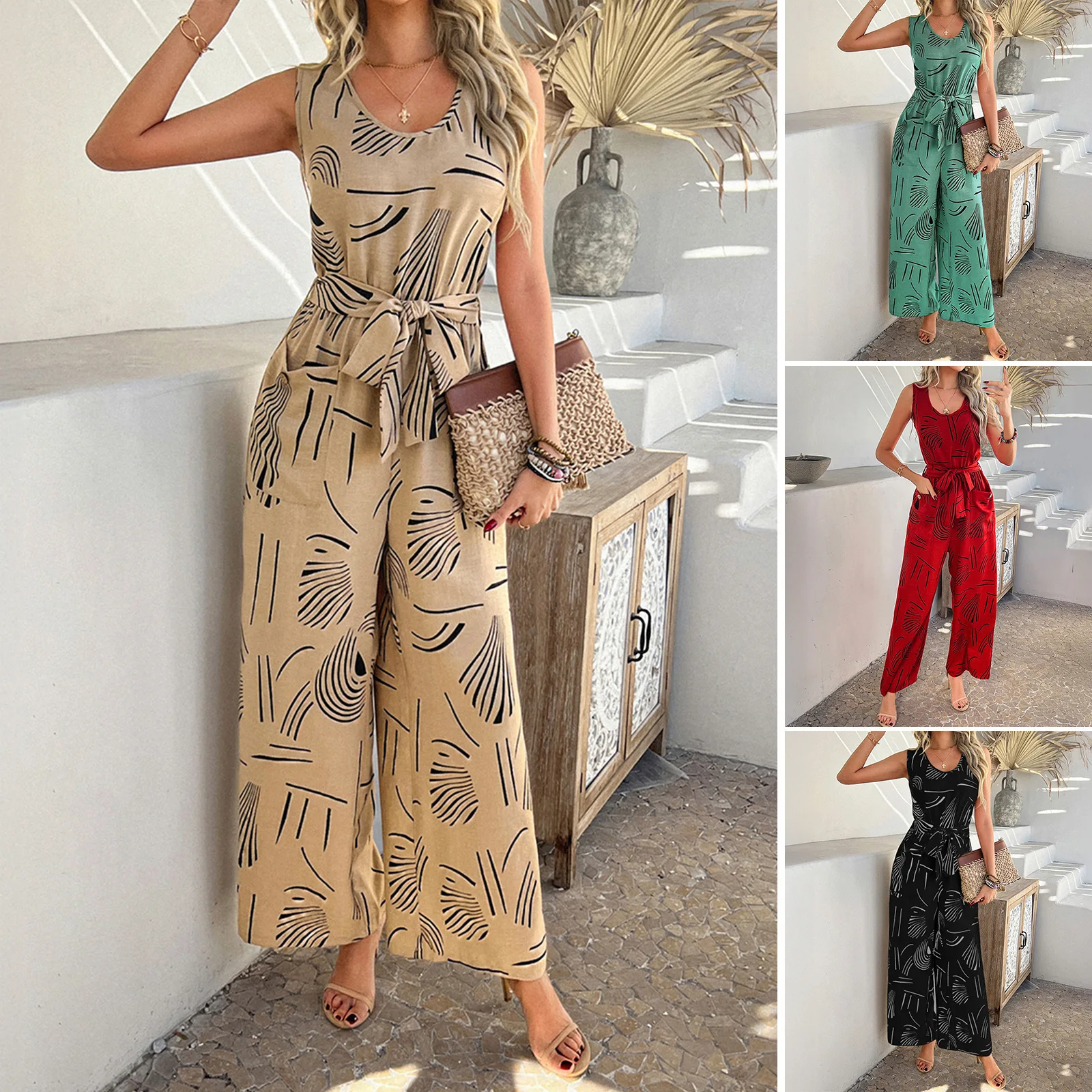 

High Quality Hot Selling Wholesale 2025 Casual Printed High Waisted Pocket Jumpsuit Long Pants Women Jump Suits Women Overalls