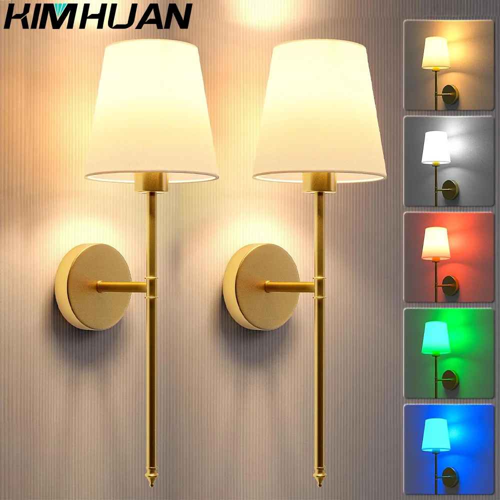 

American Style Wire-Free Bedroom Bedside Lamp Canvas Shade Gold Wireless Rechargeable Dimmable Wall Light Living Room Decorative