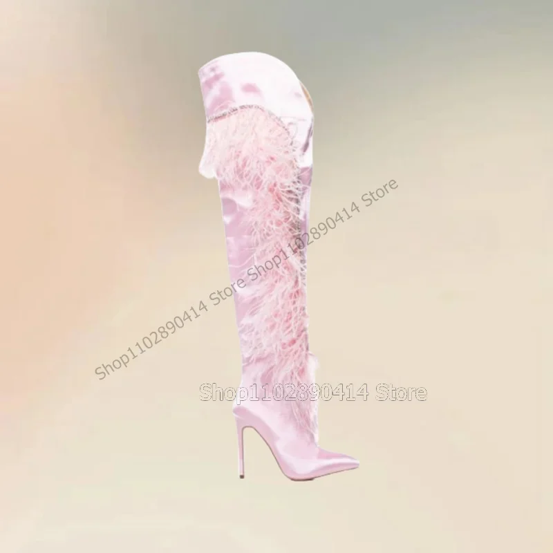 

Pink Feather Decor Silk Pointed Toe Boots Side Zipper Women Shoes Thin High Heels Novel Fashion Banquet 2023 Zapatos Para Mujere
