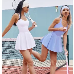 NADNABAO Women Sports Yoga Tennis Dresses Sleeveless Sportswear Backless Intersect Hollow Dress Fashion Running Tennis Dress