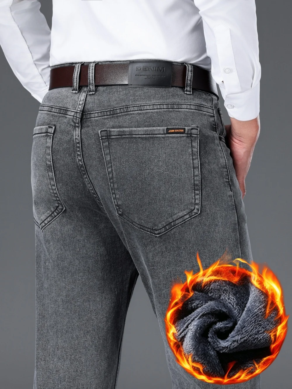 Winter Classic High Waist Men's Grey Jeans with Thick Fleece Warm Business and Leisure Office High Quality Denim Pants Black