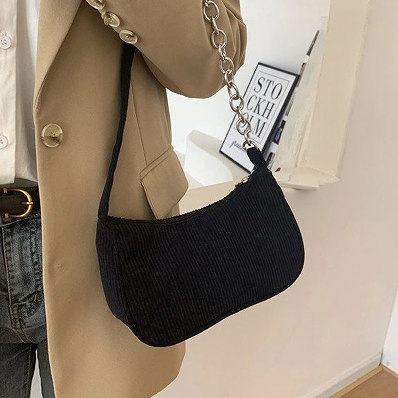 2023 Fashion Vintage Women\'s Handbags Corduroy Underarm Bag Casual Women Shoulder Bags Solid Color Zipper Female Handbag Clutch