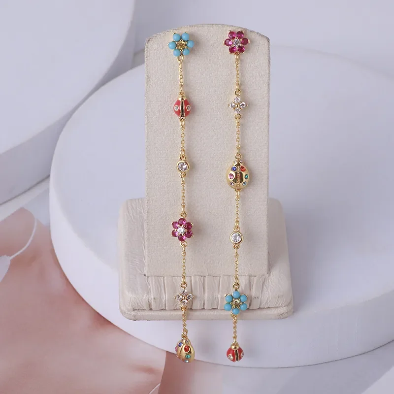 

European And American Tide Brand Jewelry Simple Color Flower Ladybug Long Tassel Earrings