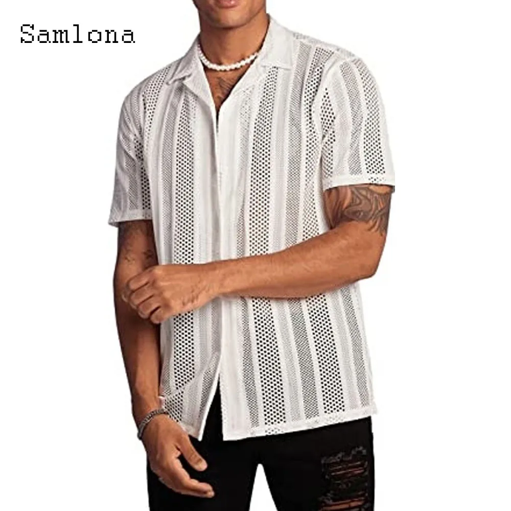 

2024 American and European Casual Stripe Blouse New White Soft Hollow Out Shirt Men Short Sleeve Beach Top Lepal Collar Knitwear