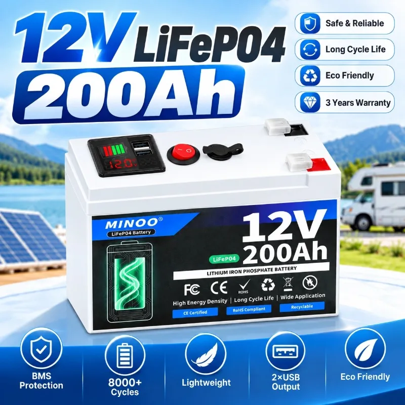 12V 200Ah LiFePO4 Battery Lithium Iron Phosphate Deep Cycle Rechargeable Battery With BMS For Solar RV Marine Energy Storage