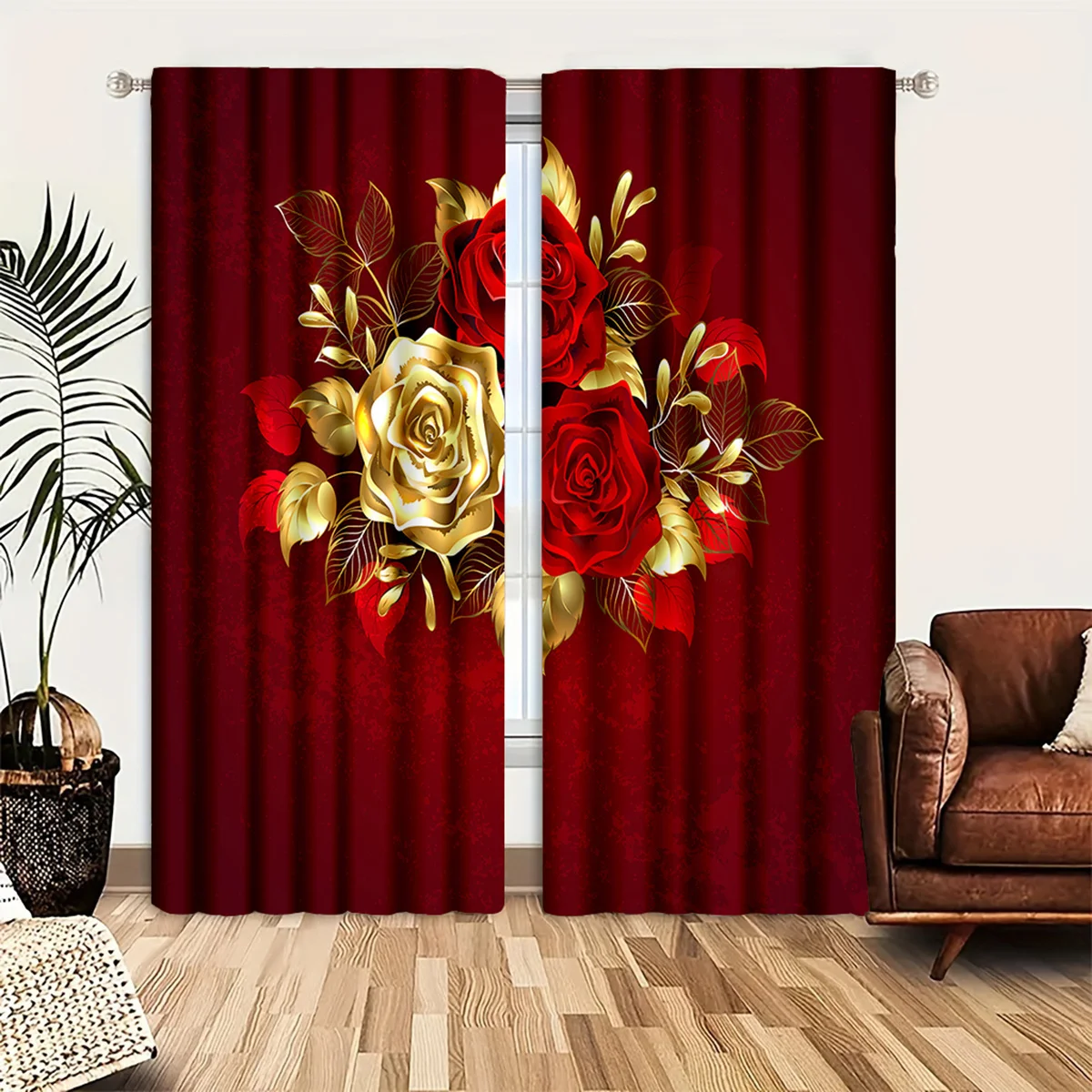 2pcs Luxury Red Gold Roses Print Window Curtains for Bedroom Living Room Blackout Thermal Insulated Drapes Elegant Home Decor